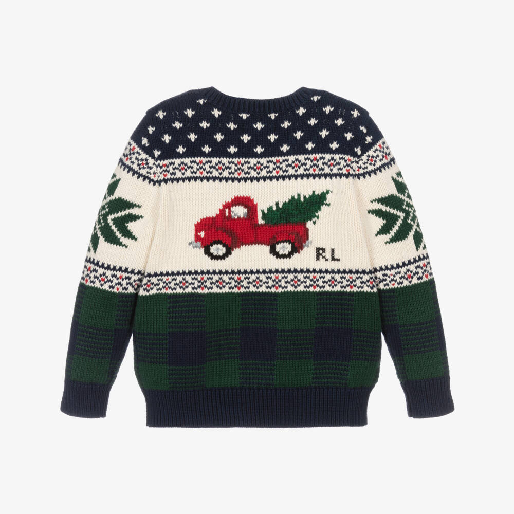 Ralph Lauren-Boys Blue & Green Festive Fair Isle Cotton Knit Sweater | Childrensalon Outlet