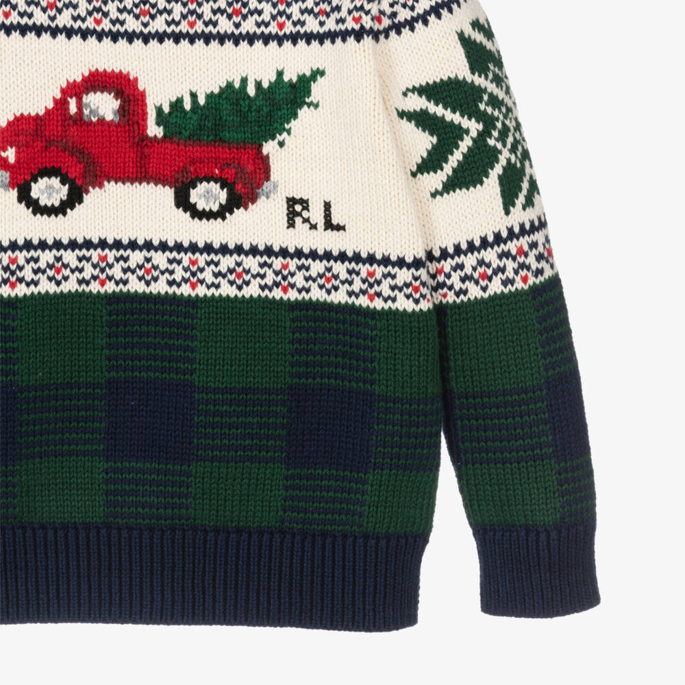 Ralph Lauren-Boys Blue & Green Festive Fair Isle Cotton Knit Sweater | Childrensalon Outlet