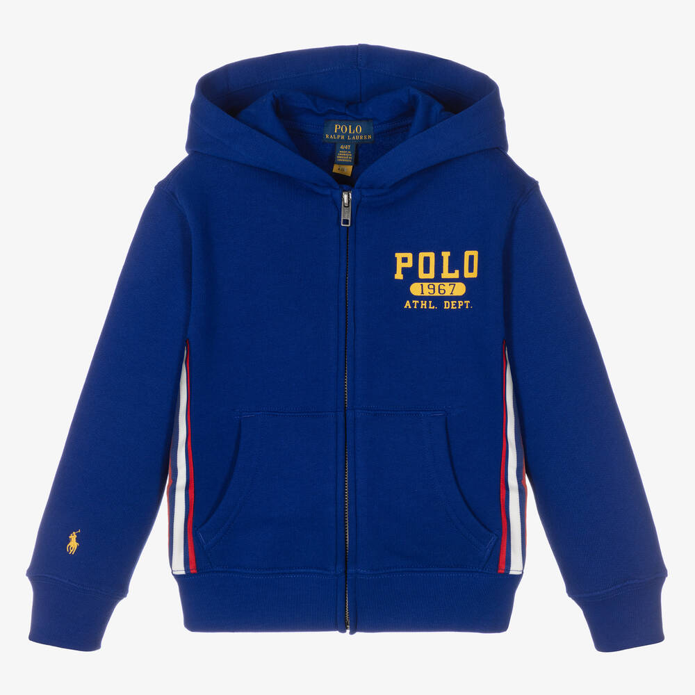 Polo Ralph Lauren - توب هودي بسحّاب قطن جيرسي لون أزرق للأولاد | Childrensalon