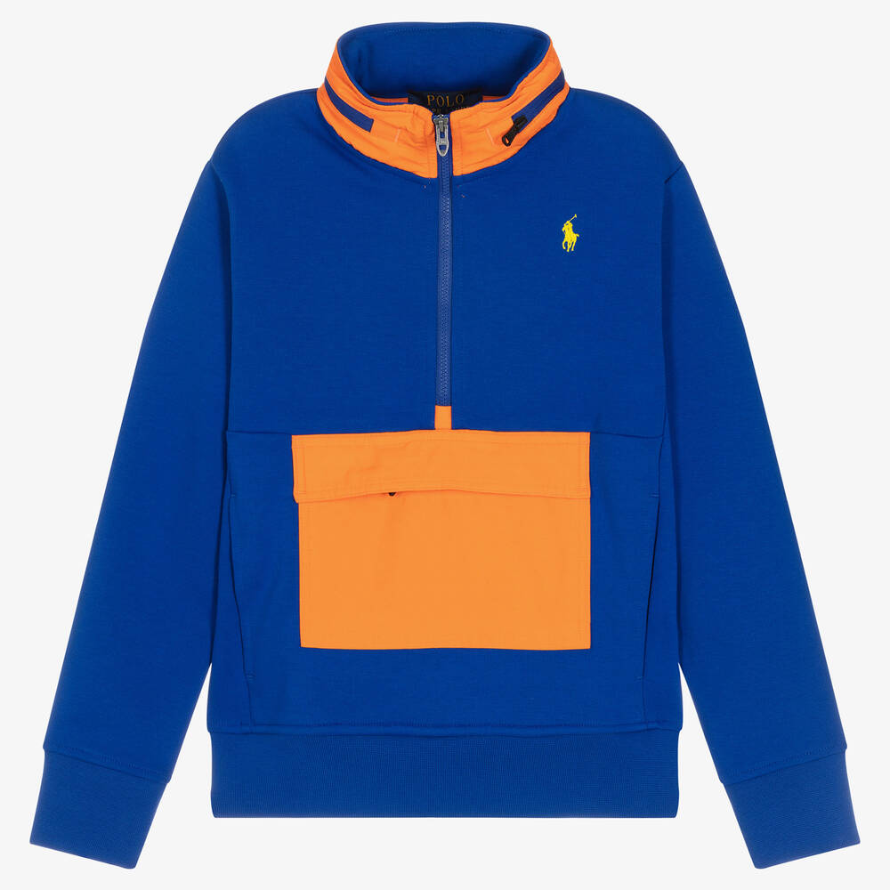 Polo Ralph Lauren - سويتشيرت بسحّاب جيرسي لون أزرق وبرتقالي للأولاد | Childrensalon