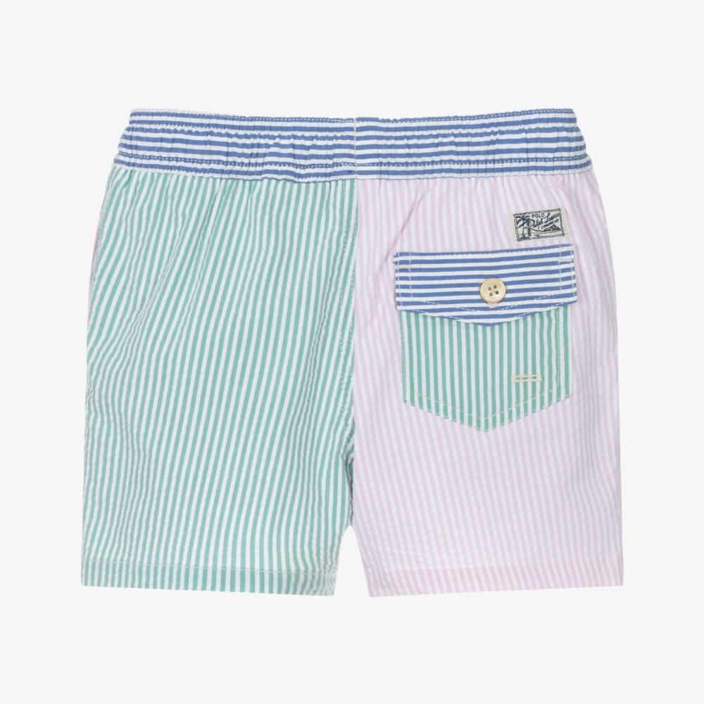 Ralph Lauren-Boys Blue & Pink Striped Seersucker Swim Shorts | Childrensalon Outlet