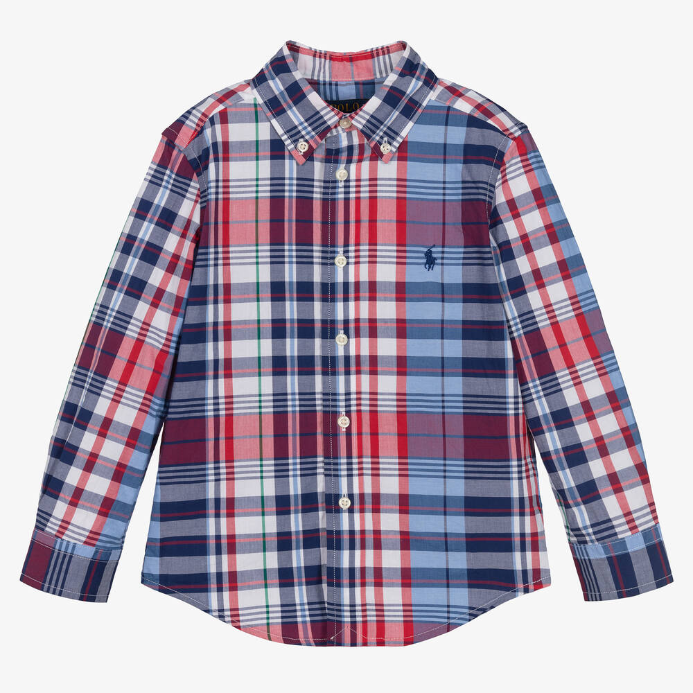 Ralph Lauren - قميص قطن بوبلين كاروهات لون أزرق وأحمر للأولاد | Childrensalon