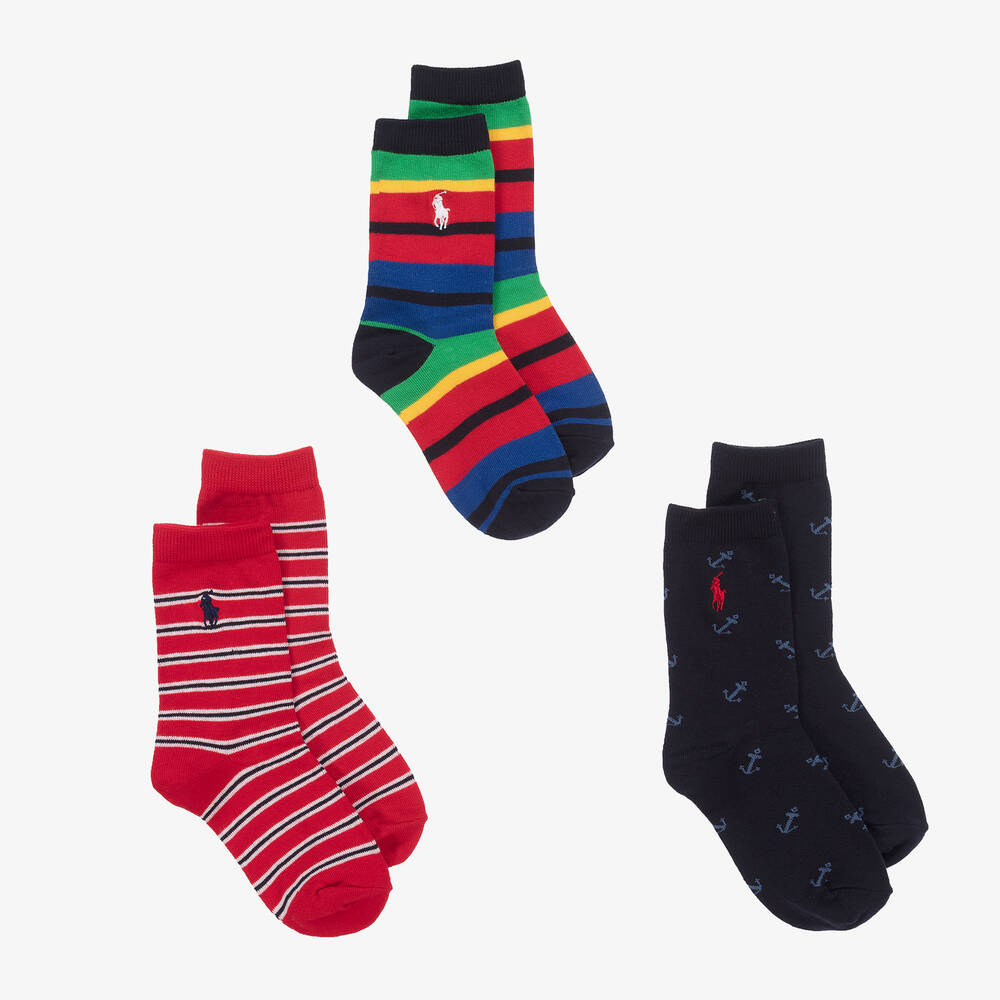 Ralph Lauren-Boys Blue & Red Cotton Socks (3 Pack) | Childrensalon Outlet