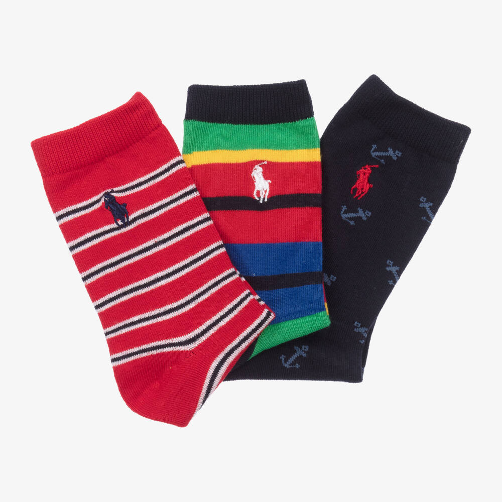 Ralph Lauren-Boys Blue & Red Cotton Socks (3 Pack) | Childrensalon Outlet