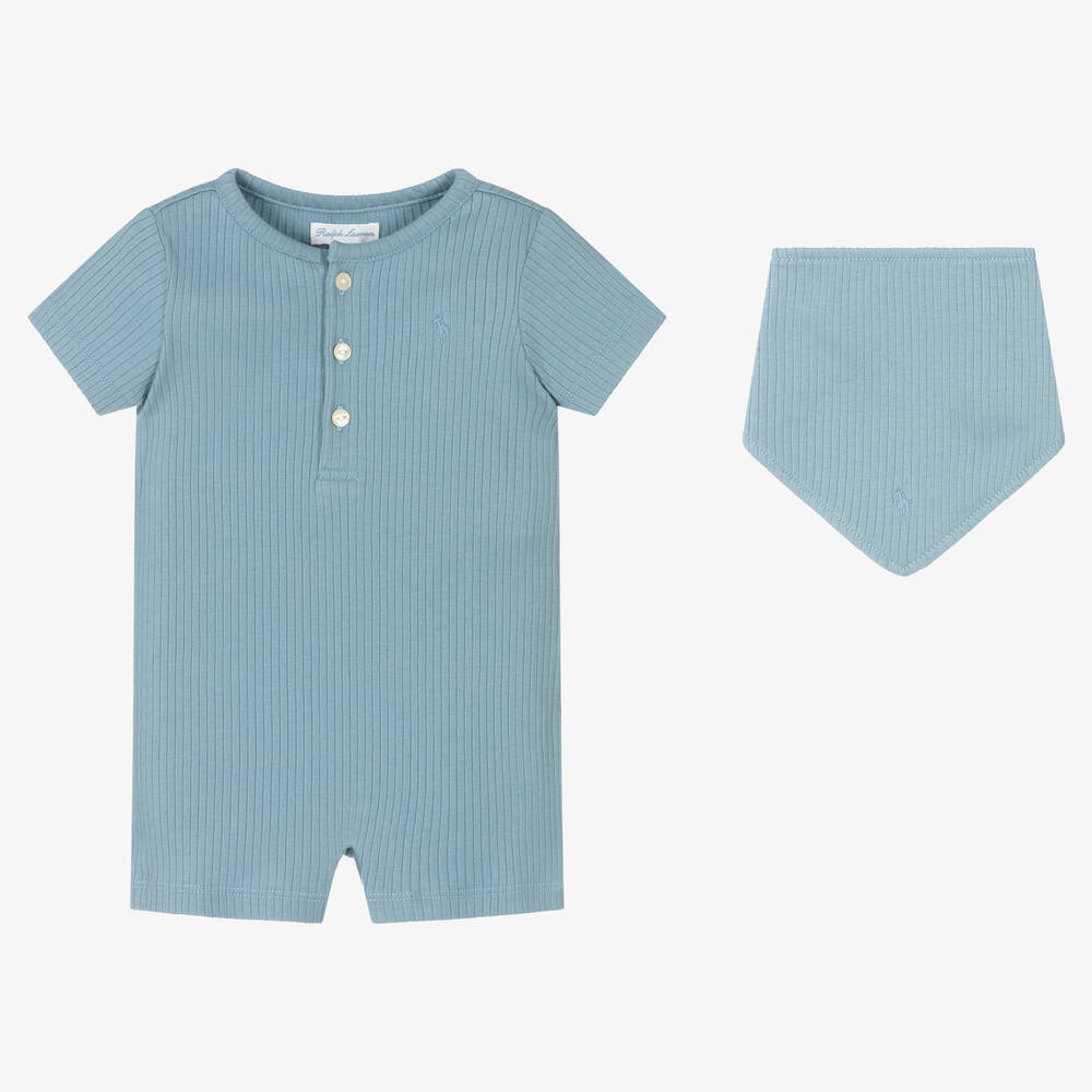 Ralph Lauren - Boys Blue Ribbed Babysuit Set | Childrensalon