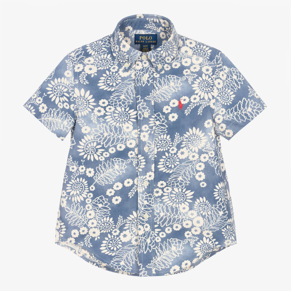 Ralph Lauren - Boys Blue Short Sleeve Floral Shirt | Childrensalon