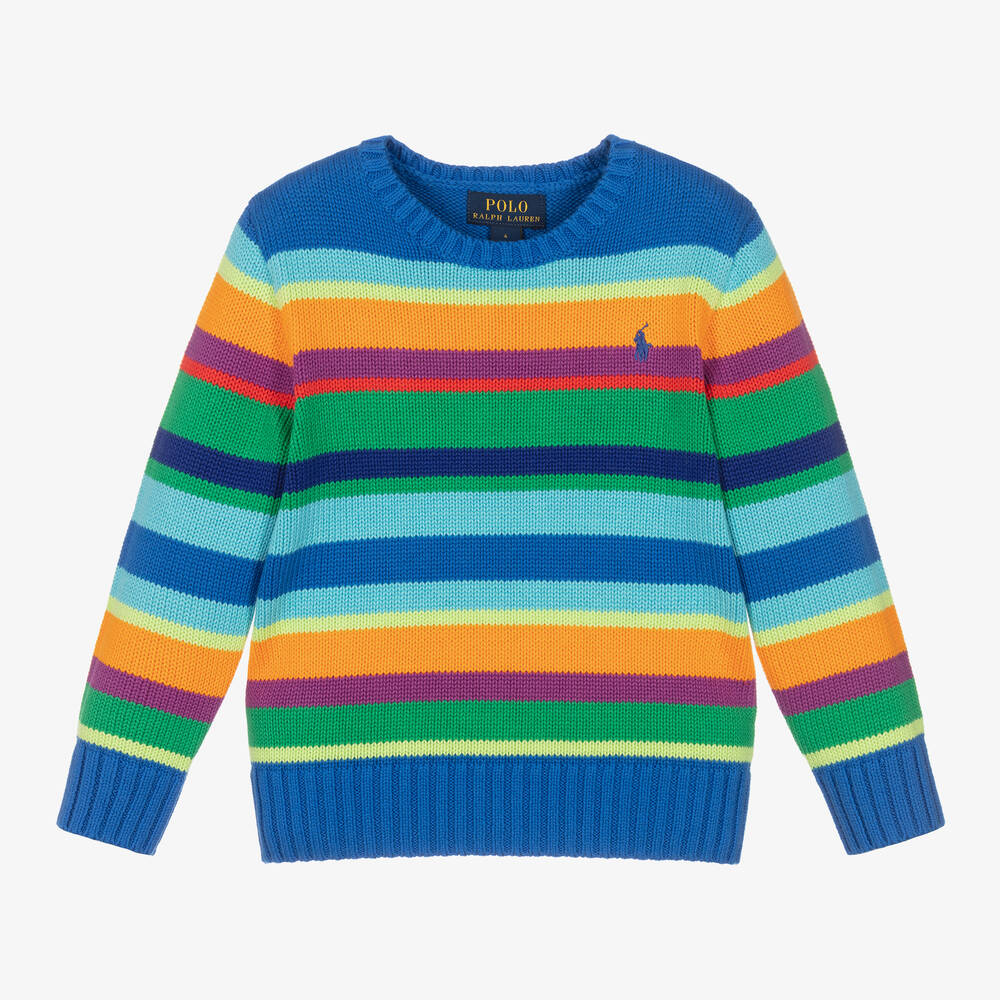 Ralph Lauren - Pull bleu rayé en maille garçon | Childrensalon