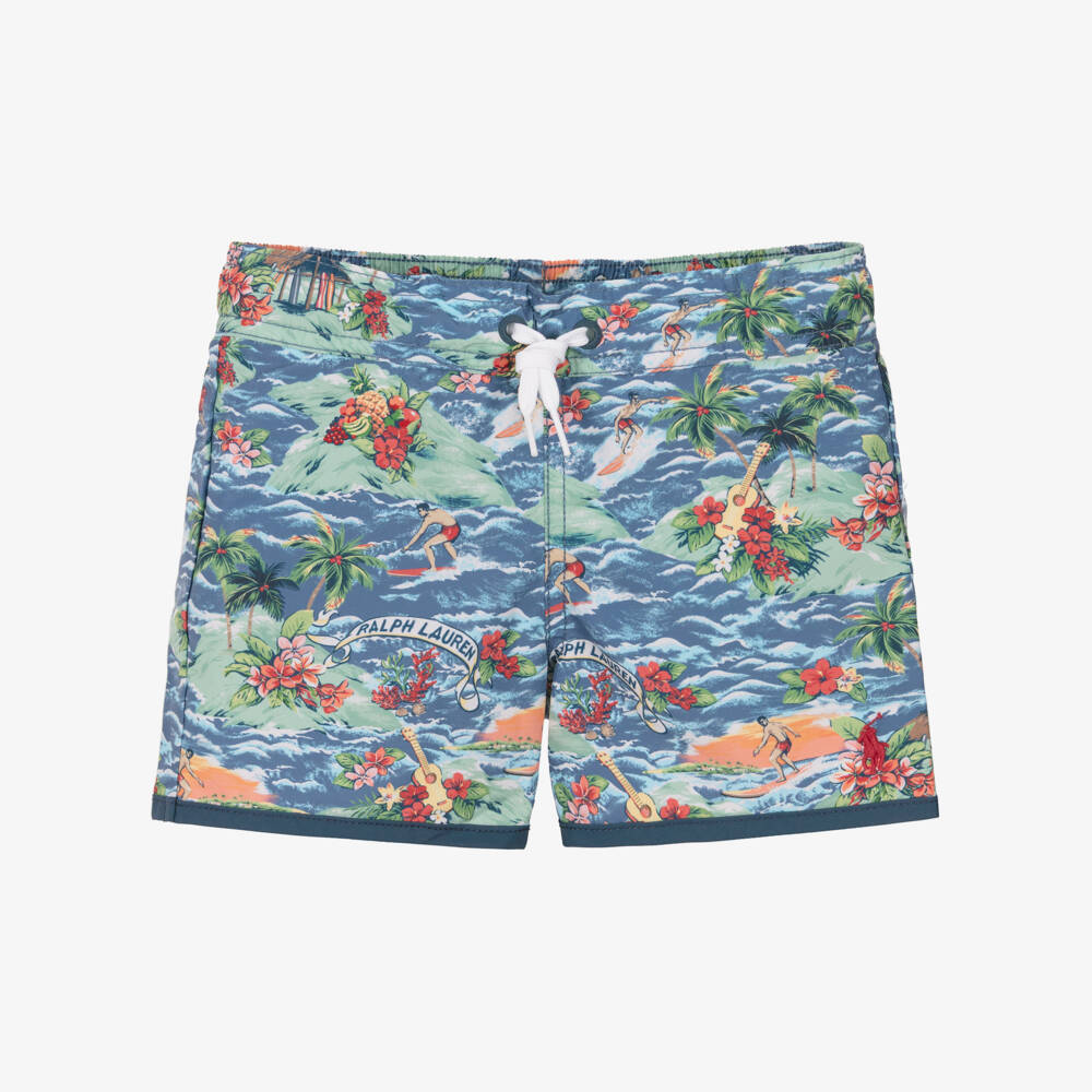 Ralph Lauren-Boys Blue Tropical Surf Print Swim Shorts | Childrensalon Outlet