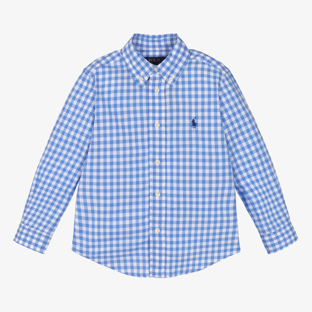 Ralph Lauren - قميص قطن كاروهات لون أزرق وأبيض للأولاد | Childrensalon