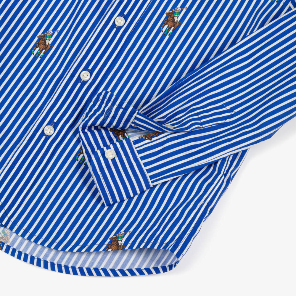 Ralph Lauren-Boys Blue & White Stripe Cotton Shirt with All Over Pony Logo | Childrensalon Outlet