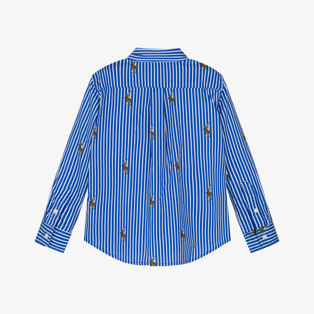 Ralph Lauren-Boys Blue & White Stripe Cotton Shirt with All Over Pony Logo | Childrensalon Outlet
