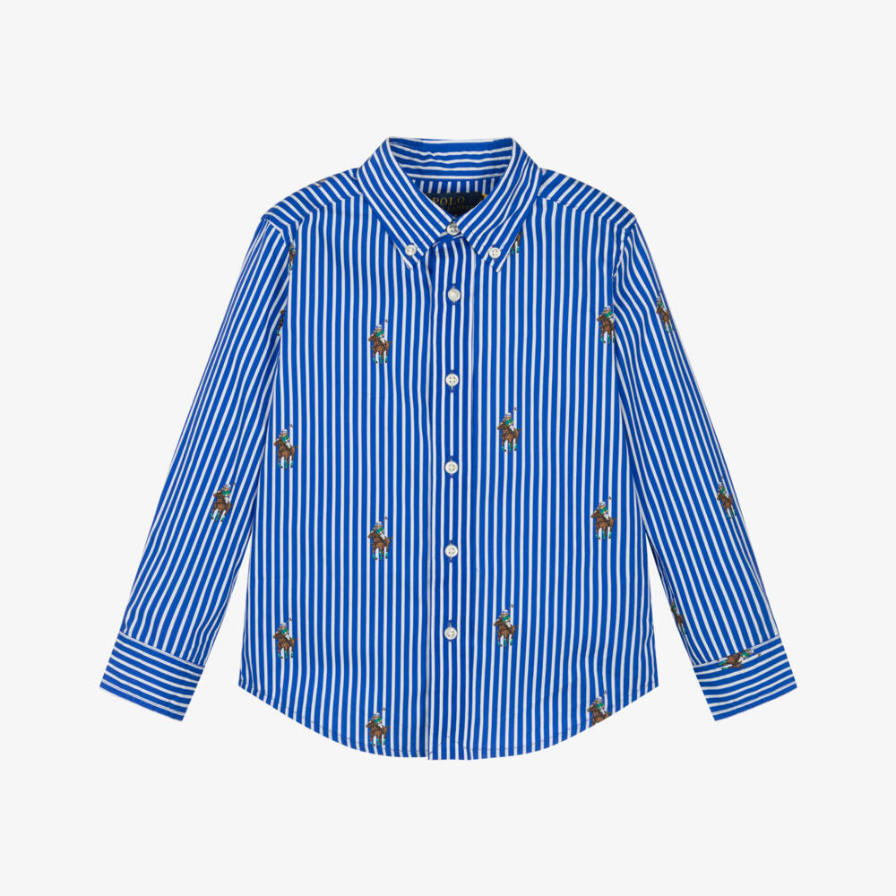 Ralph Lauren-Boys Blue & White Stripe Cotton Shirt with All Over Pony Logo | Childrensalon Outlet