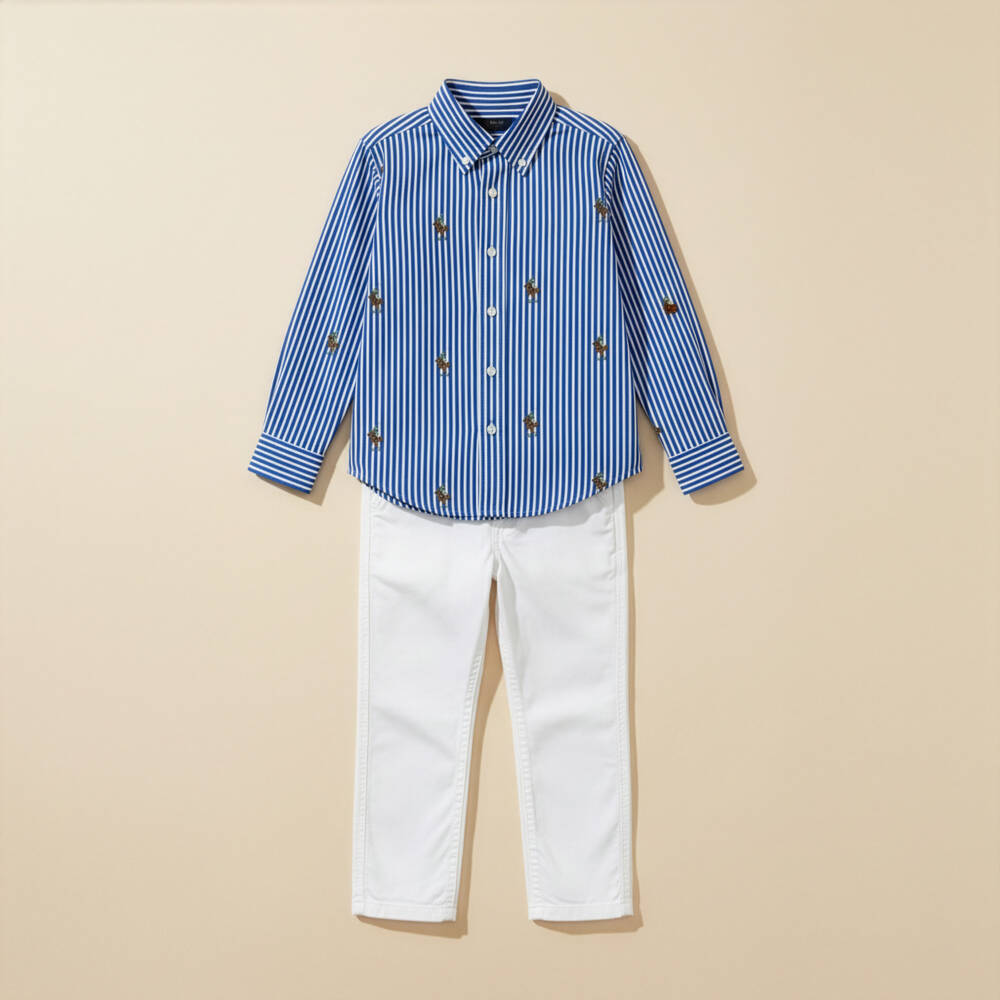Ralph Lauren-Boys Blue & White Stripe Cotton Shirt with All Over Pony Logo | Childrensalon Outlet