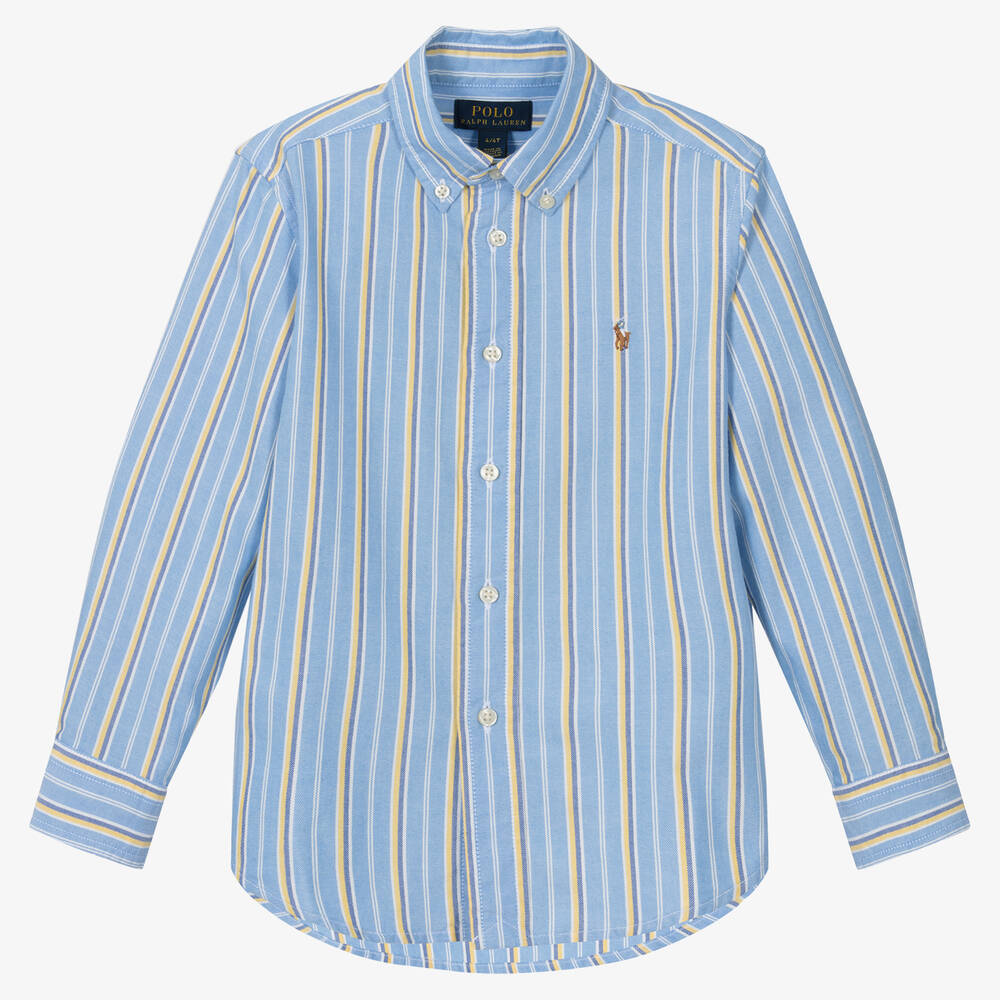 Ralph Lauren - قميص قطن أكسفورد مقلّم لون أزرق وأصفر للأولاد | Childrensalon