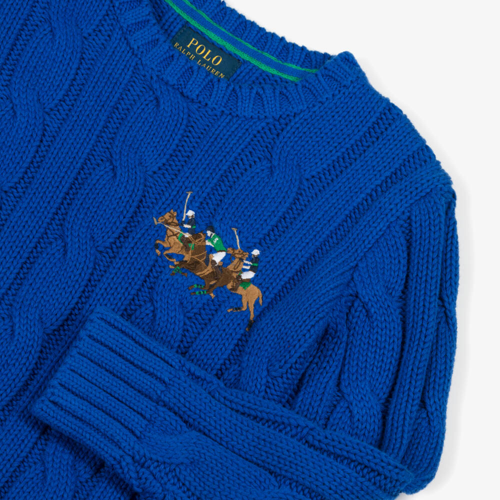 Ralph Lauren-Boys Bright Blue Cable Knit Jumper with Triple-Pony Logo | Childrensalon Outlet