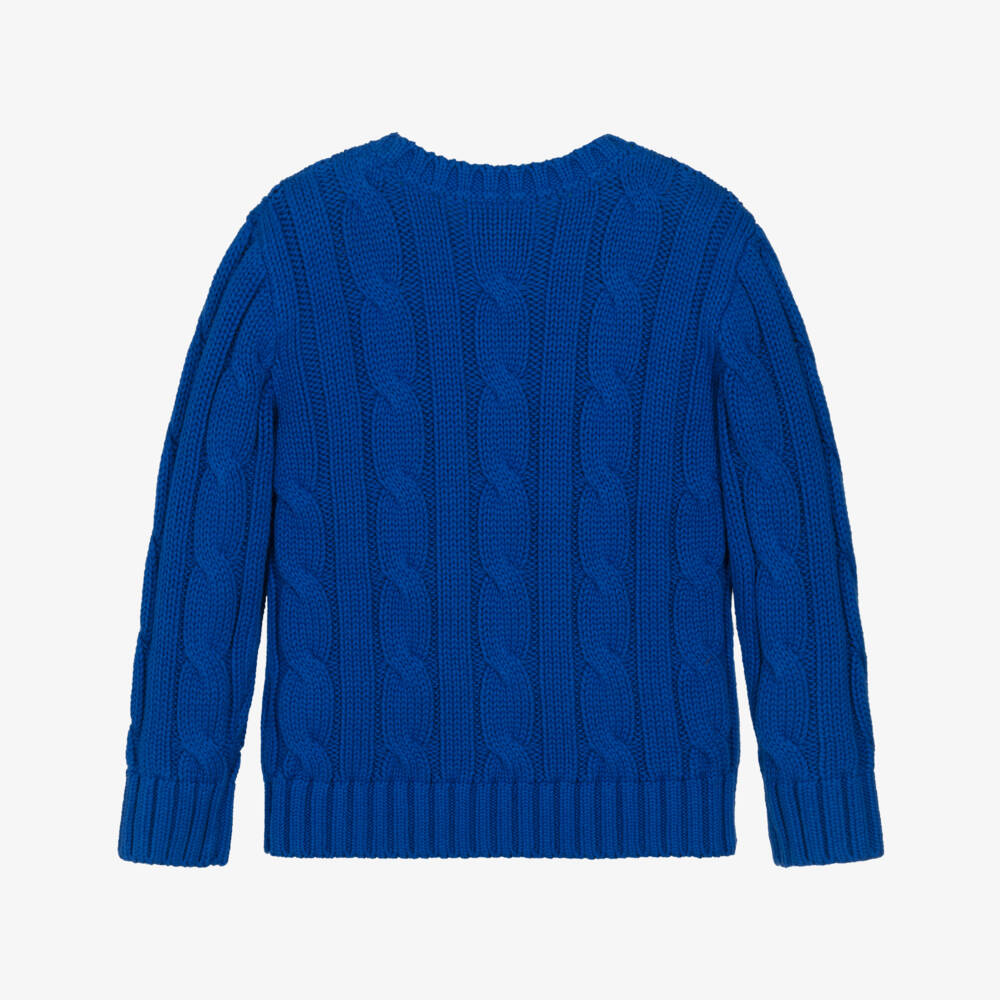 Ralph Lauren-Boys Bright Blue Cable Knit Jumper with Triple-Pony Logo | Childrensalon Outlet