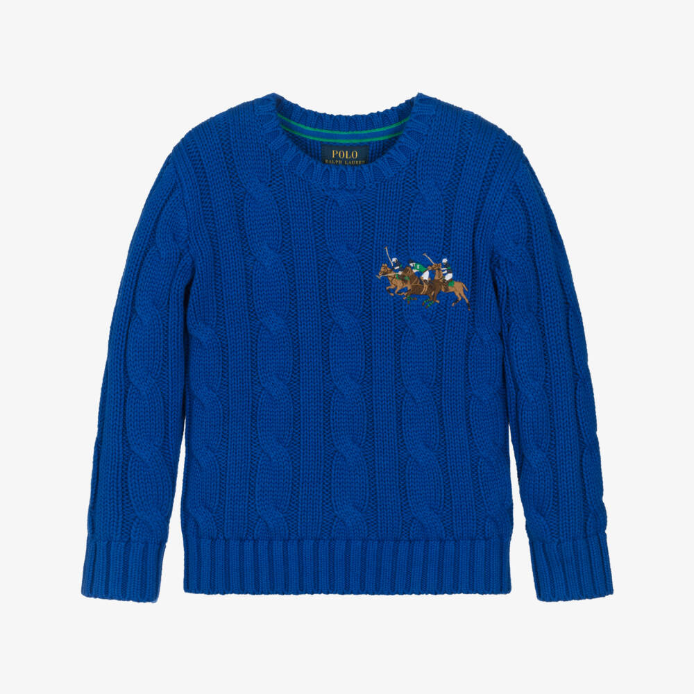 Ralph Lauren-Boys Bright Blue Cable Knit Jumper with Triple-Pony Logo | Childrensalon Outlet