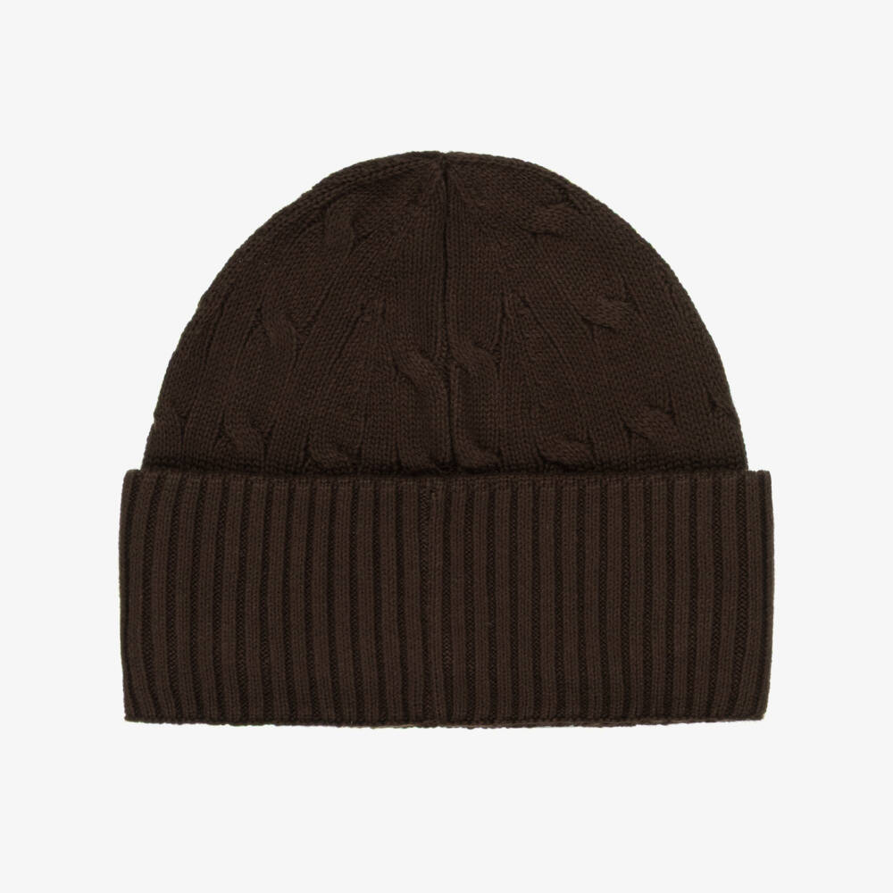 Ralph Lauren-Boys Brown Cotton Cable Knit Beanie Hat with Pony Logo | Childrensalon Outlet