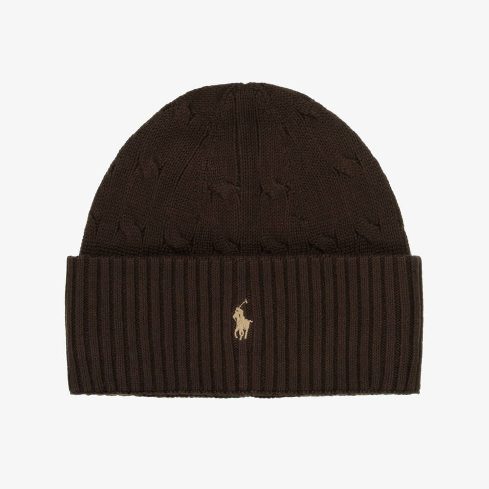 Ralph Lauren-Boys Brown Cotton Cable Knit Beanie Hat with Pony Logo | Childrensalon Outlet