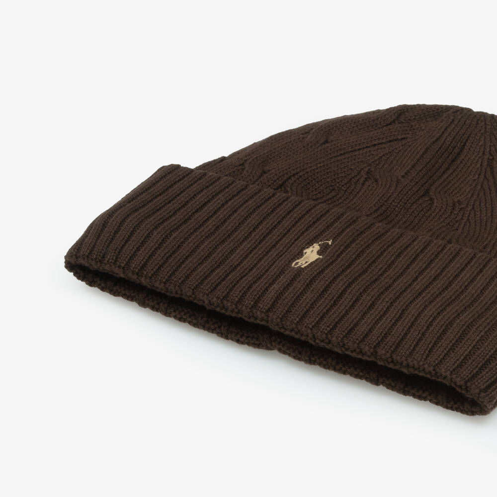 Ralph Lauren-Boys Brown Cotton Cable Knit Beanie Hat with Pony Logo | Childrensalon Outlet