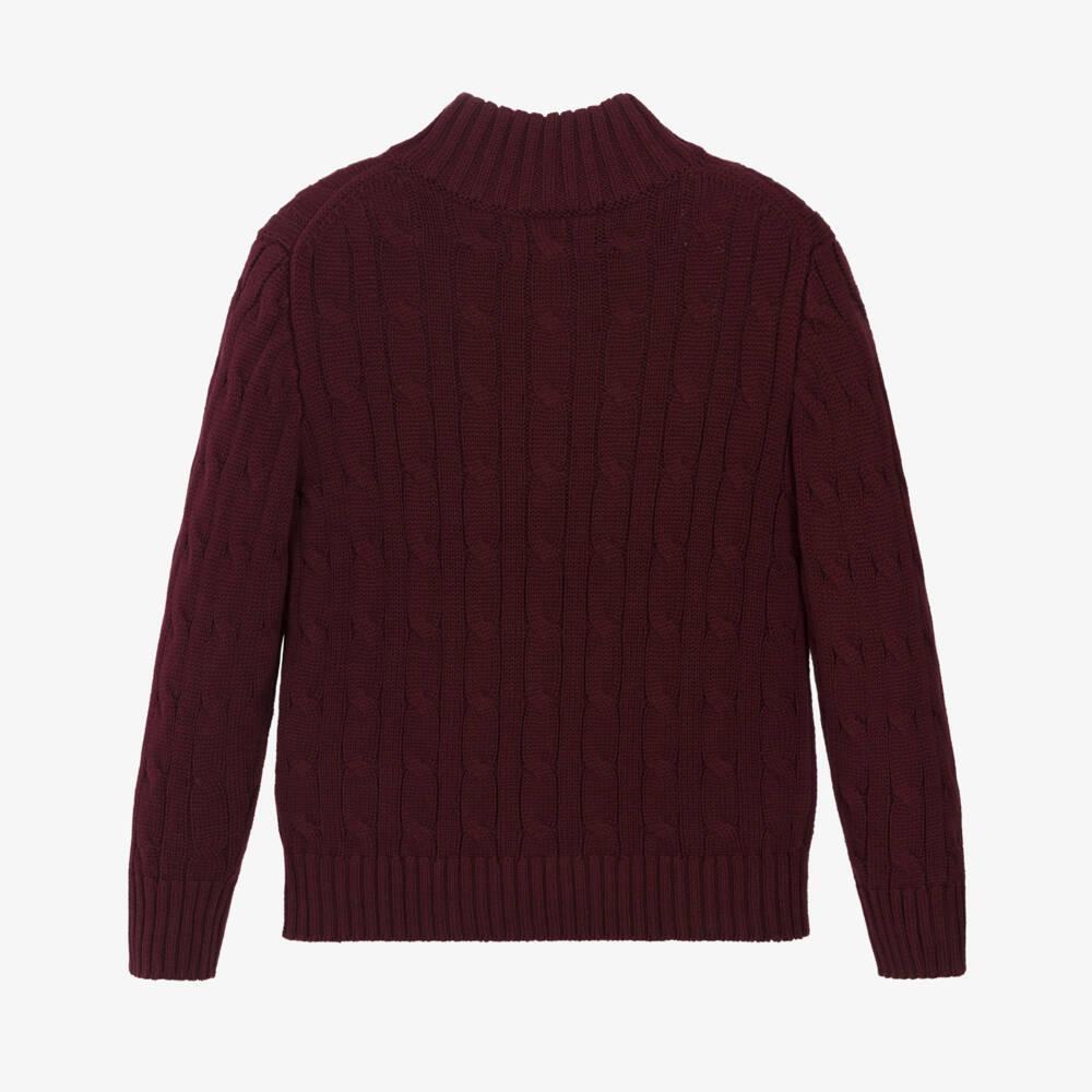 Ralph Lauren-Boys Burgundy Red Cable Knit Quarter-Zip Sweater | Childrensalon Outlet