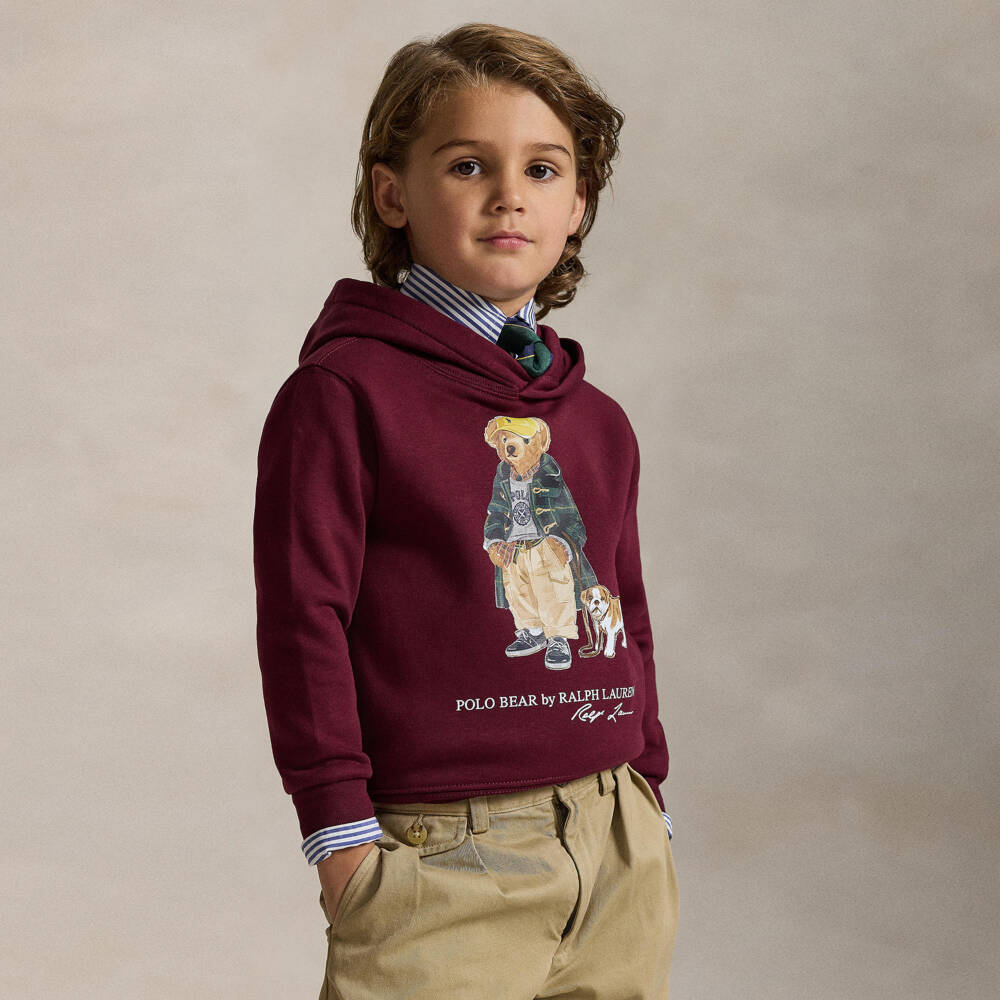 Ralph Lauren-Boys Burgundy Red Polo Bear Cotton Jersey Hoodie | Childrensalon Outlet