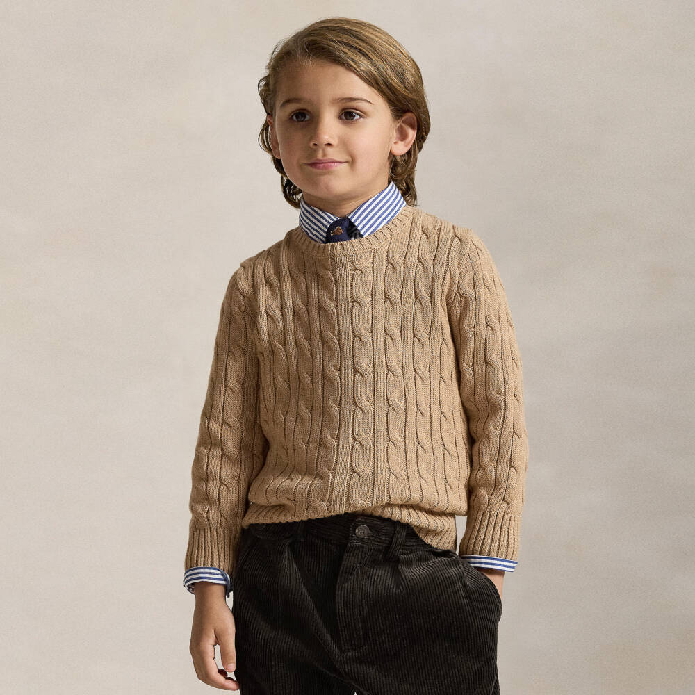 Ralph Lauren- Boys Camel Beige Cable Knit Sweater | Childrensalon Outlet