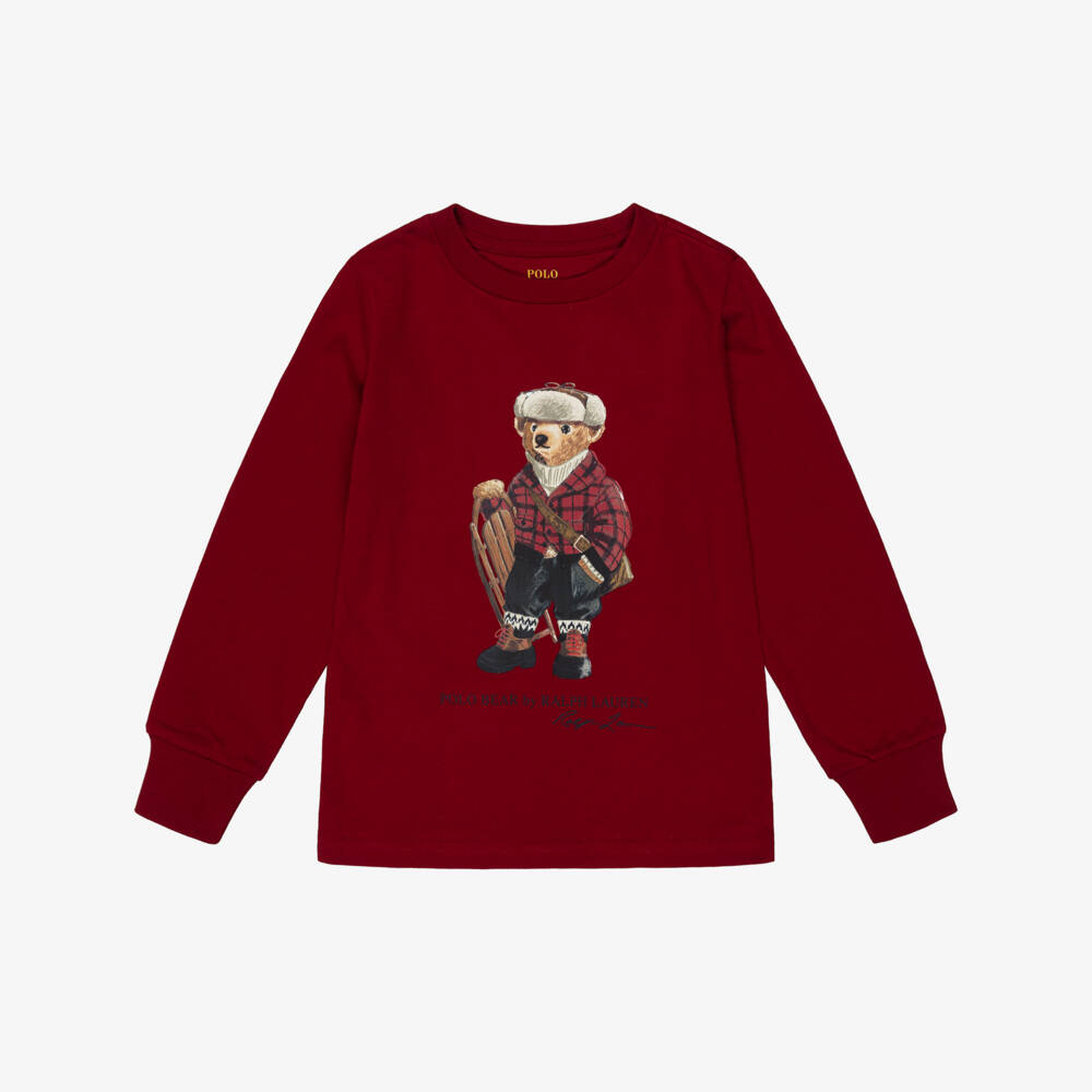 Ralph Lauren-Boys Dark Red Cotton Top with Polo Bear Print | Childrensalon Outlet