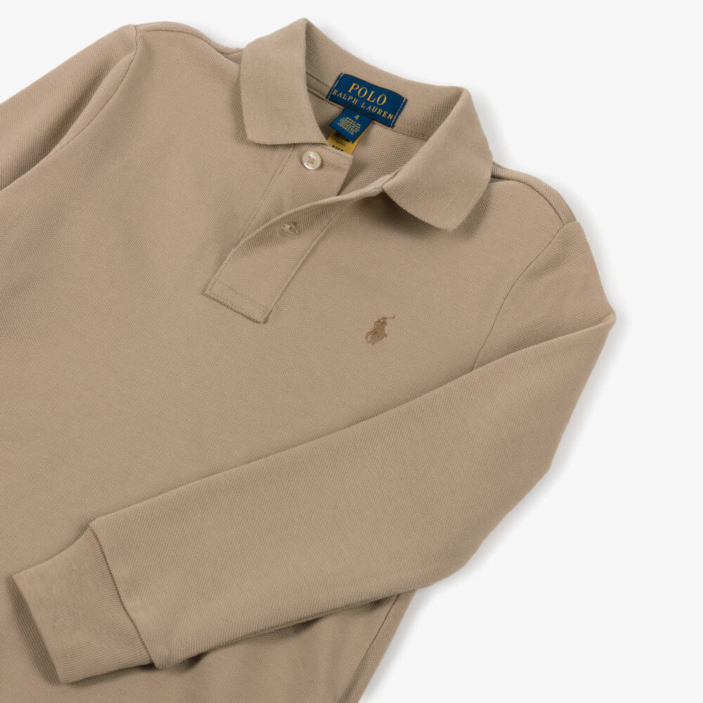 Ralph Lauren-Boys Fawn Beige Long-Sleeve Cotton Polo Shirt | Childrensalon Outlet