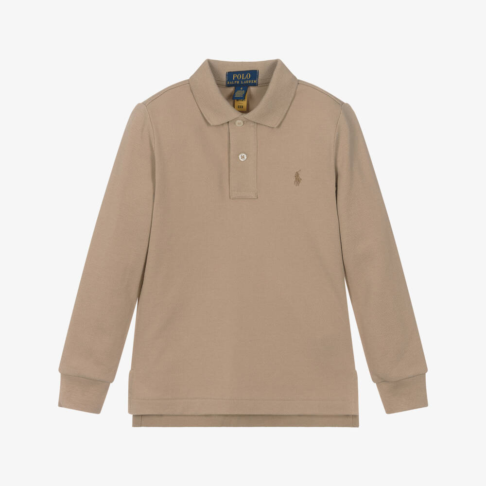 Ralph Lauren-Boys Fawn Beige Long-Sleeve Cotton Polo Shirt | Childrensalon Outlet