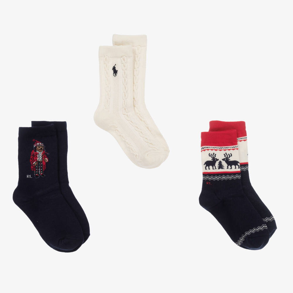 Ralph Lauren-جوارب لون عاجي وأزرق للأولاد (عدد 3) | Childrensalon Outlet