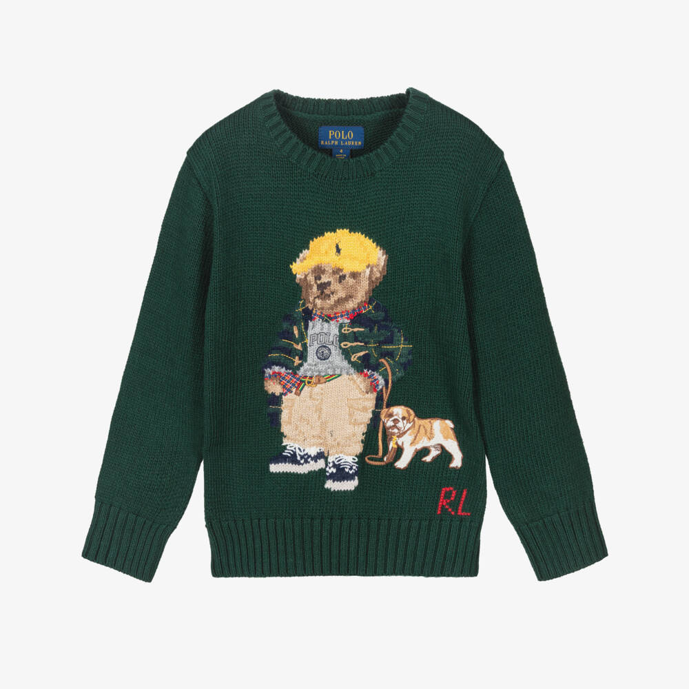 Ralph Lauren-Boys Forest Green Knitted Sweater with Polo Bear Motif | Childrensalon Outlet