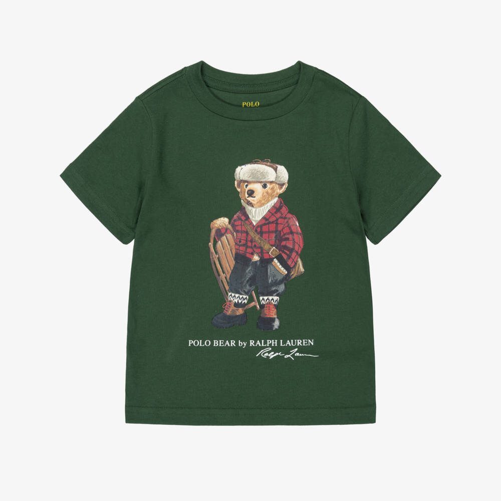 Ralph Lauren-Boys Forest Green T-Shirt with Polo Bear Print | Childrensalon Outlet