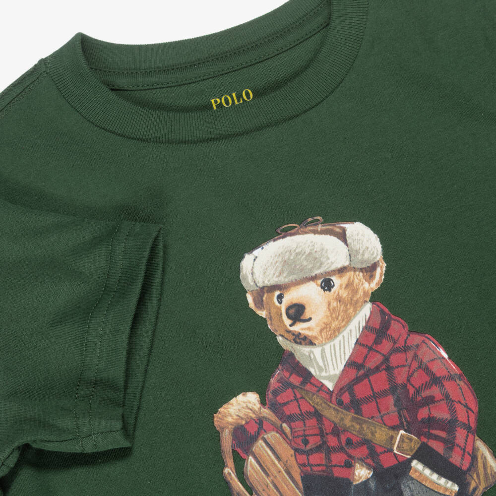 Ralph Lauren-Boys Forest Green T-Shirt with Polo Bear Print | Childrensalon Outlet