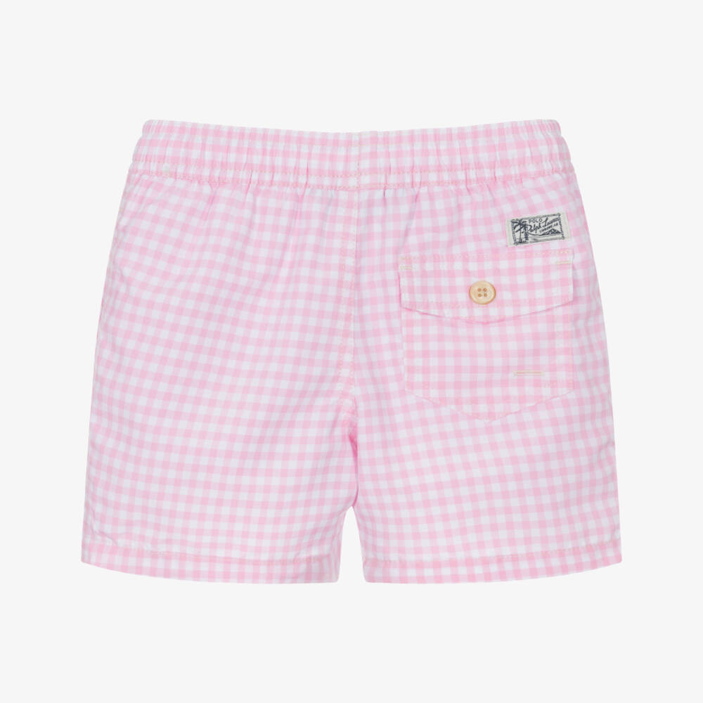 Ralph Lauren-Boys Gingham Pink Beach Shorts | Childrensalon Outlet