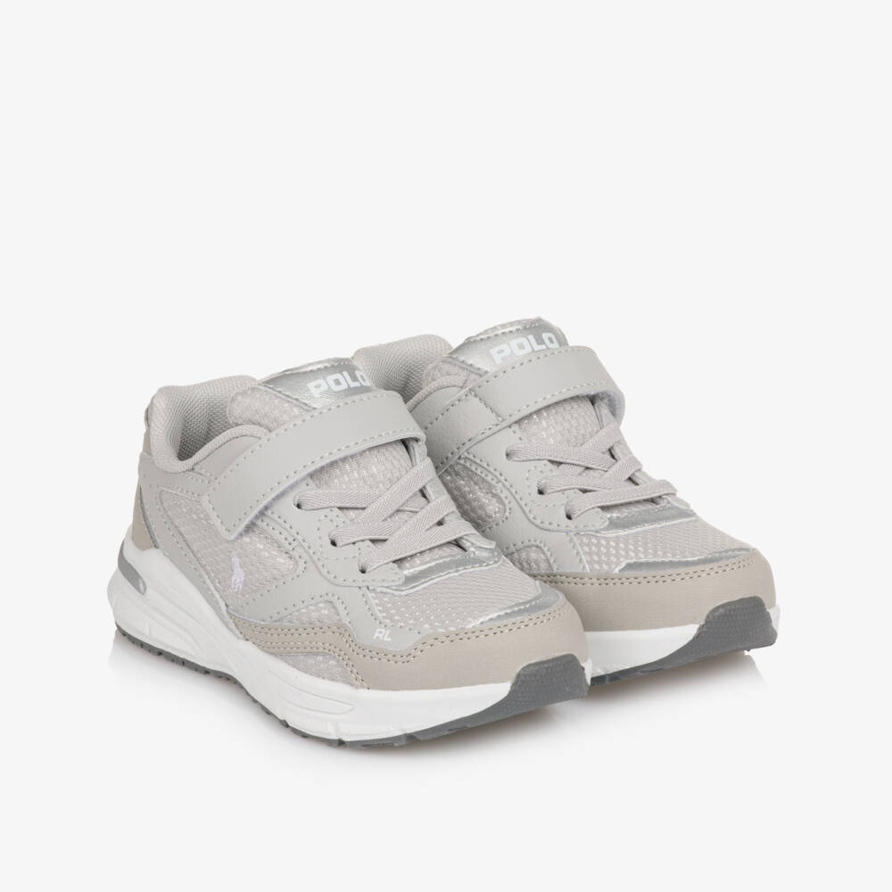 Ralph Lauren-Boys & Girls Grey Mesh & Faux Leather Velcro Trainers | Childrensalon Outlet