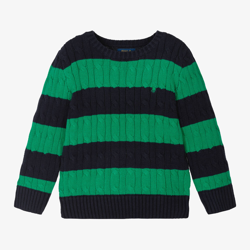Ralph Lauren - Pull vert et bleu en coton garçon | Childrensalon