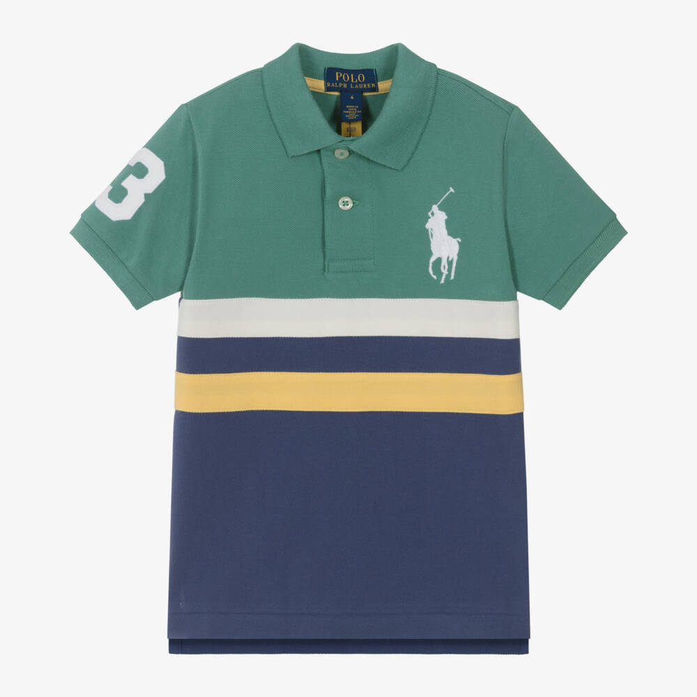 Ralph Lauren-Boys Green & Blue Cotton Polo Shirt with Big Pony Logo | Childrensalon Outlet
