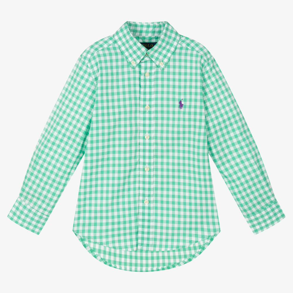 Ralph Lauren - قميص قطن بوبلين كاروهات لون أبيض وأخضر للأولاد | Childrensalon
