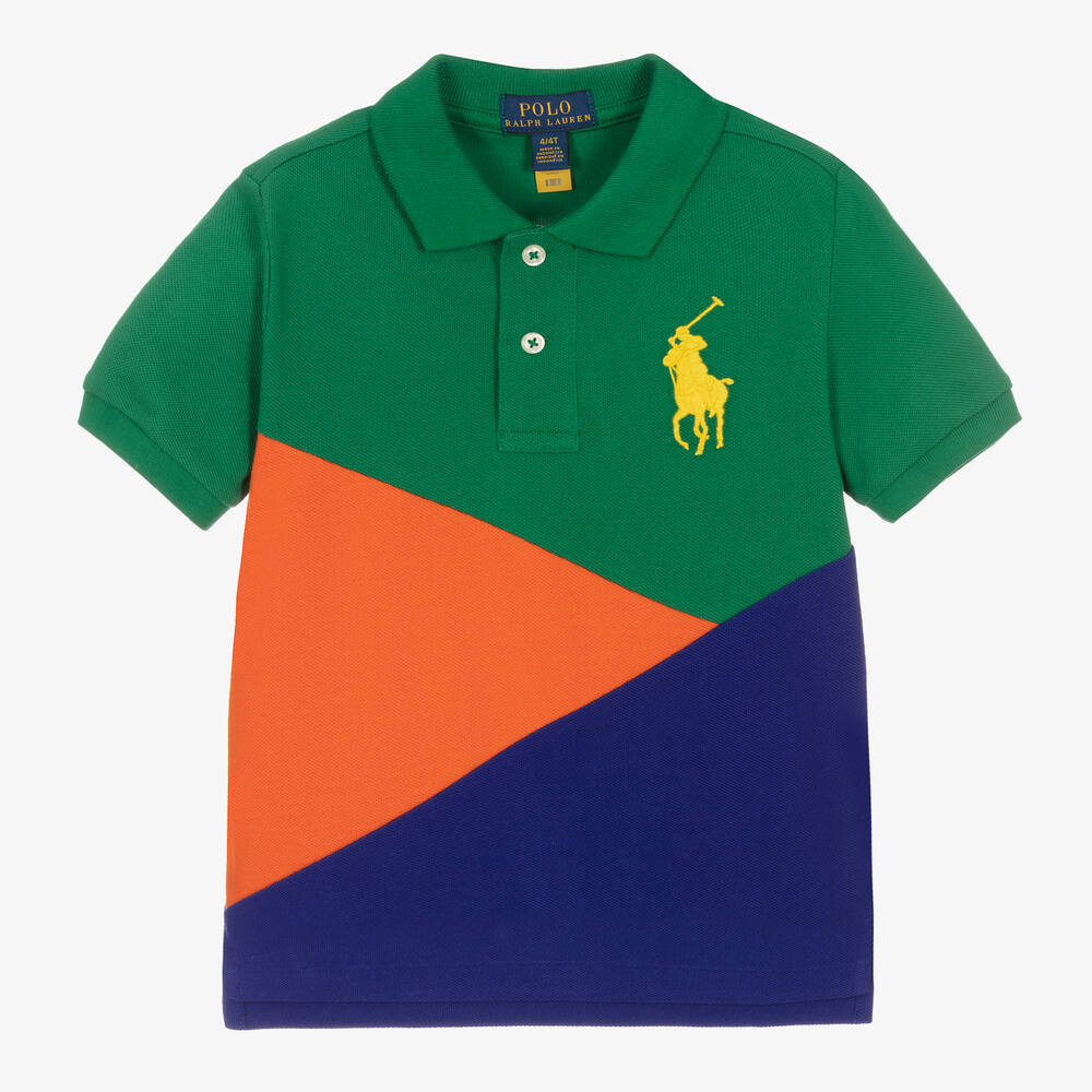Ralph Lauren - Boys Green Cotton Colourblock Polo Shirt | Childrensalon