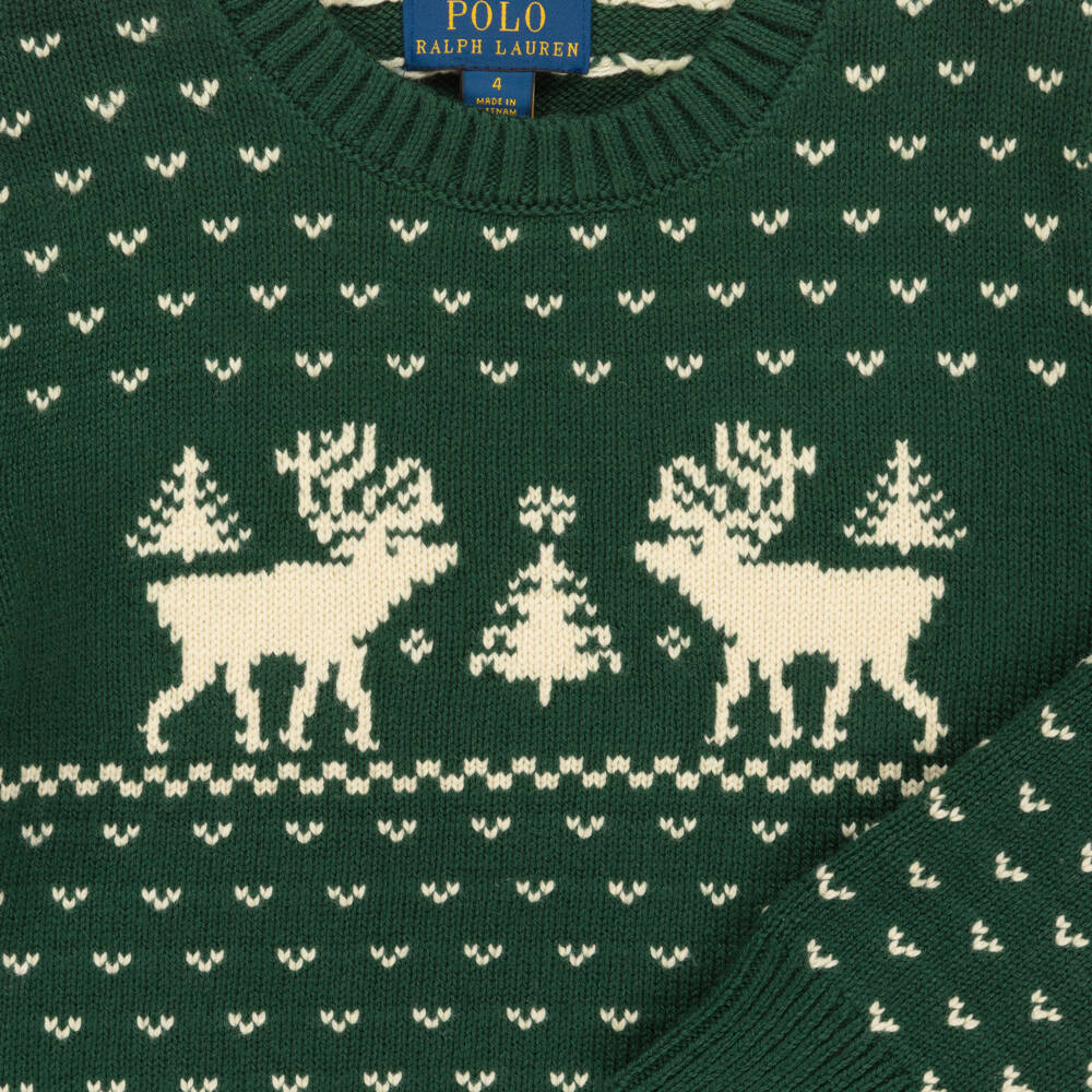 Ralph Lauren-Boys Green Cotton Knit Fair Isle Sweater with Reindeer | Childrensalon Outlet