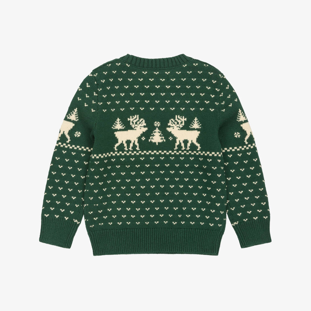 Ralph Lauren-Boys Green Cotton Knit Fair Isle Sweater with Reindeer | Childrensalon Outlet