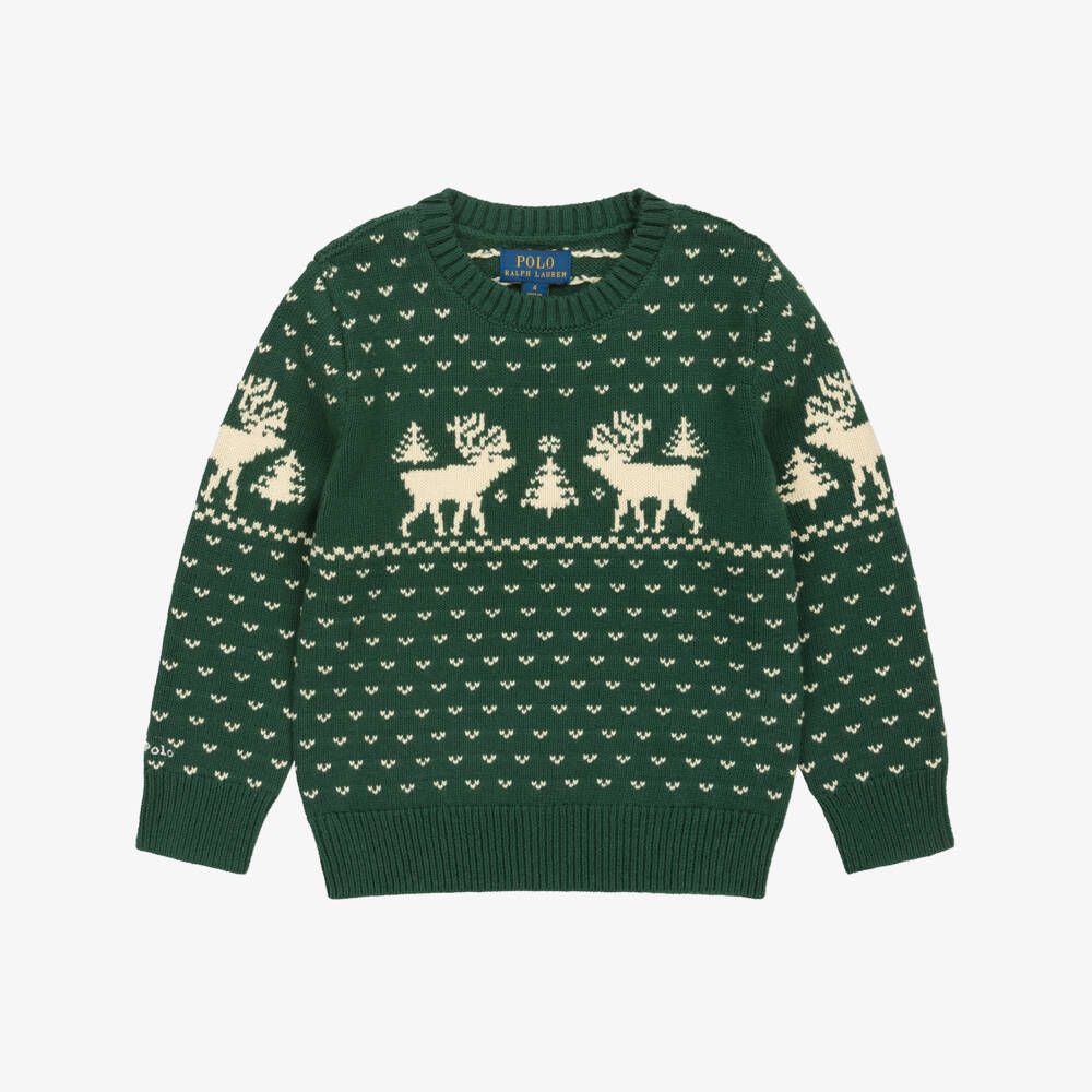 Ralph Lauren-Boys Green Cotton Knit Fair Isle Sweater with Reindeer  | Childrensalon Outlet