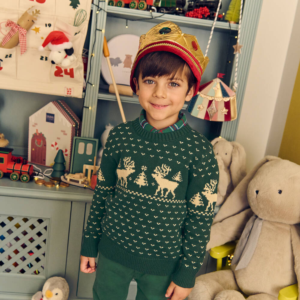 Ralph Lauren-Boys Green Cotton Knit Fair Isle Sweater with Reindeer | Childrensalon Outlet