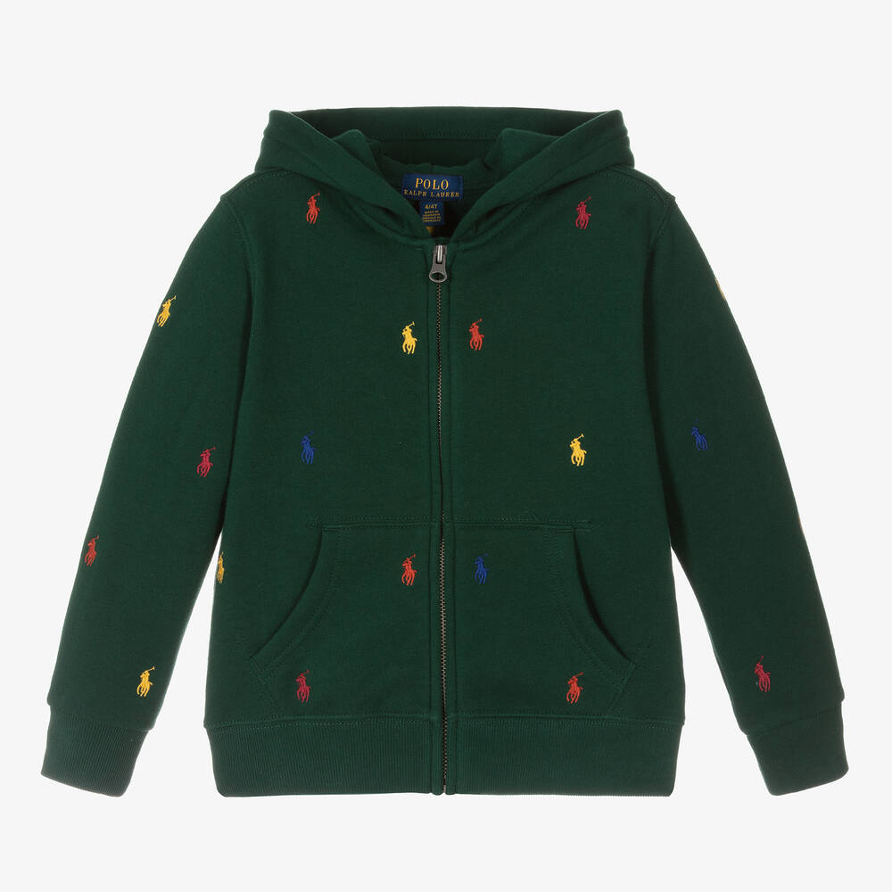 Ralph Lauren - Boys Green Cotton Pony Zip-Up Top | Childrensalon