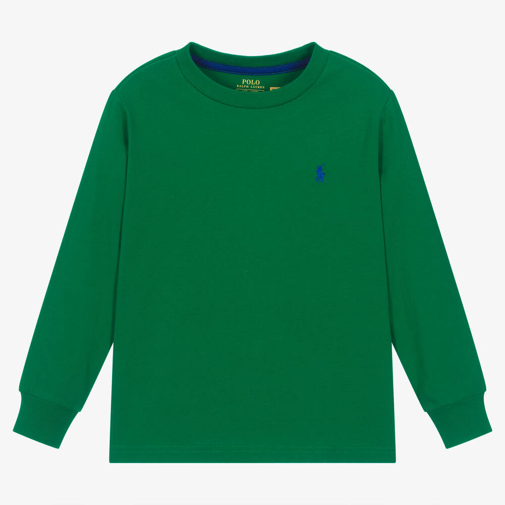 Ralph Lauren - T-shirt vert en coton manches longues garçon | Childrensalon