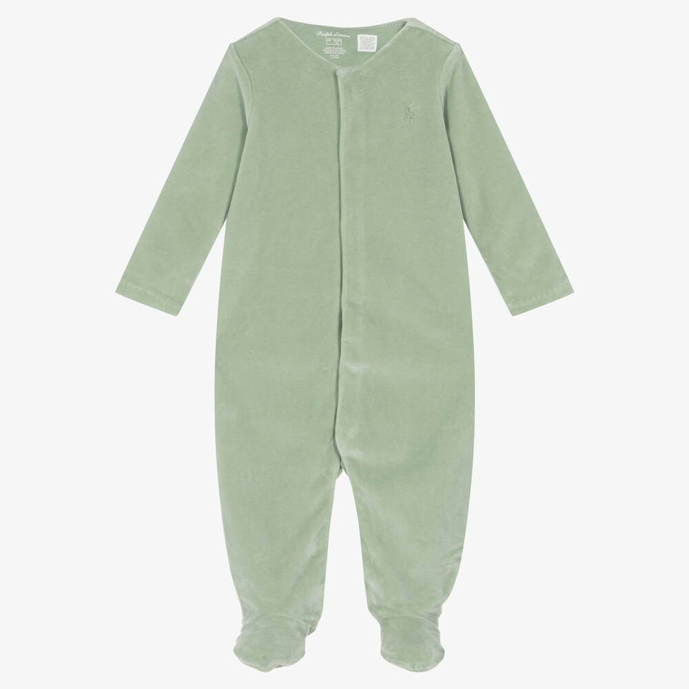 Ralph Lauren-Boys Green Cotton Velour Babygrow | Childrensalon Outlet