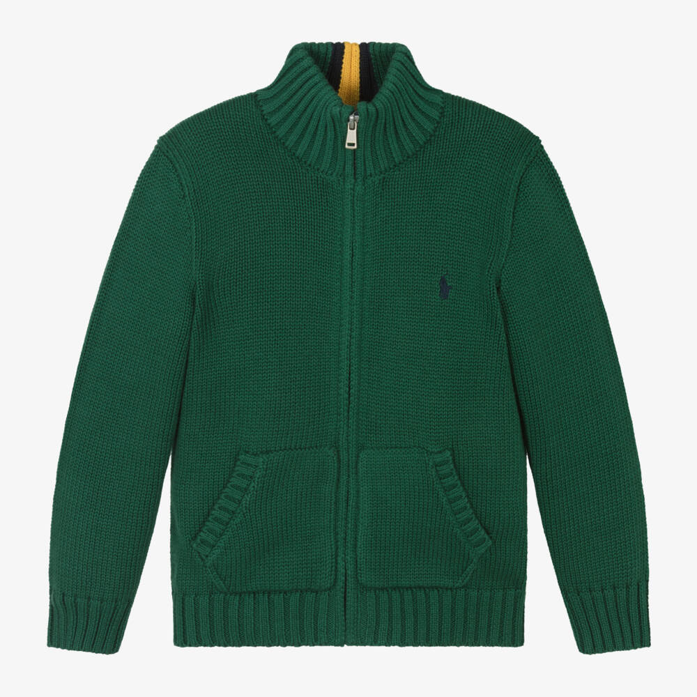 Ralph Lauren-Boys Green Cotton Zipped Knit Sweater | Childrensalon Outlet