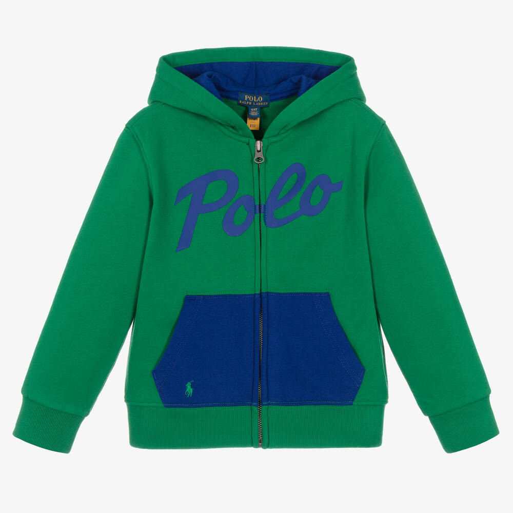 Ralph Lauren - Sweat à capuche jersey vert zippé | Childrensalon