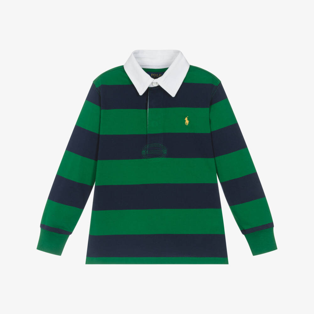 Ralph Lauren-Boys Green & Navy Blue Stripe Rugby Shirt | Childrensalon Outlet